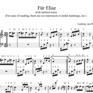 Obraz produktu: Pierwsza strona z „Nuty Fur Elise z literami i notatkami razem”.