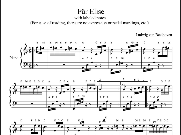 Продукт сүрөтү: 'Fur Elise Sheet Music with Letters and Notes'' биринчи бети.