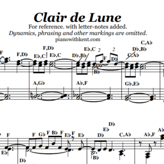תמונת מוצר של דפי תווים של Clair de Lune עם אותיות