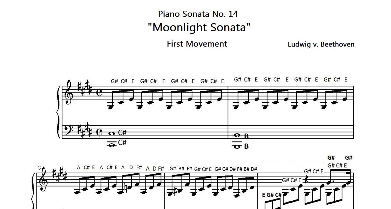 Imaj pwodwi: Premye paj 'Moonlight Sonata' Sheet Music ak 'Lèt ak nòt ansanm.'