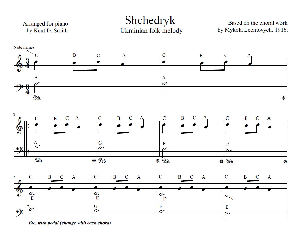 Shchedryk 带字母的简单乐谱，为钢琴而作。 乌克兰颂歌。