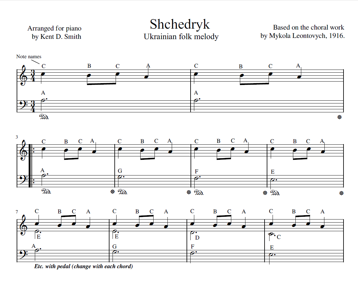 Shchedryk partitura fácil com letras, para piano. canção de natal ucraniana.