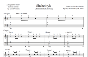 Shchdryk Ukrainian Sheet Music with letters and chords. For bells, piano, duet, guitar.