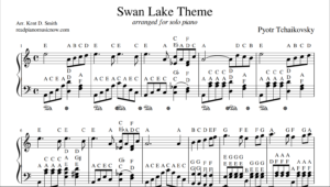 Shembull i imazhit të fletëve të muzikës me temë "Swan Lake" për piano
