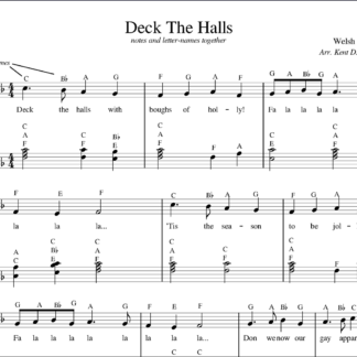 Imagine a partiturii pentru pian „Deck the Halls” cu litere și note împreună.