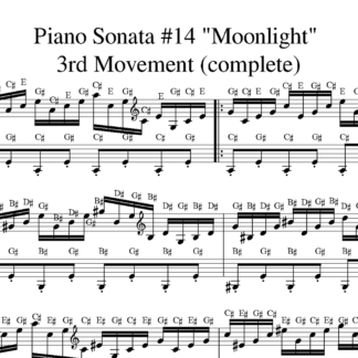 Pjesa e Sonatës së Bethovenit për Piano nr. 14 "Drita e hënës" - lëvizja e 3-të. Fletë muzikore me shkronja.