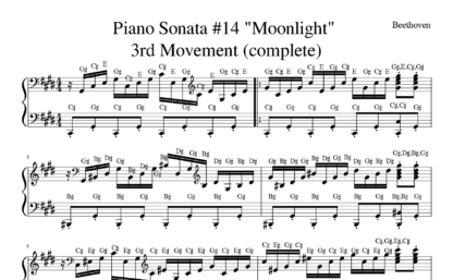 Portion of Beethoven's Piano Sonata No. 14 "Moonlight" - 3rd movement. Sheet music with letters.