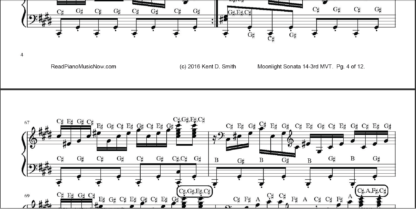 Sample of Moonlight Sonata sheet music with letters. Third movement.