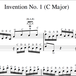 Úryvok z Bachovho vynálezu č. 1 notový záznam s písmenami