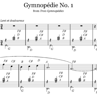 Excerpt from Gymnopedie No. 1 piano sheet music with letters.