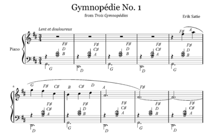 Excerpt from Gymnopedie No. 1 piano sheet music with letters.