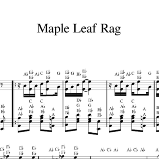 نت پیانوی اسکات جاپلین "Maple Leaf Rag" با حروف و نت ها در کنار هم.