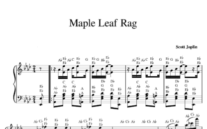Scott Joplin's "Maple Leaf Rag" piano sheet music with letters and notes together.
