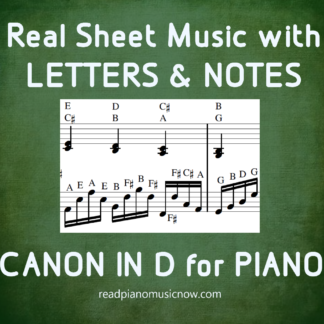 Музика за пијано „Canon in D“ со слика на производот со букви.