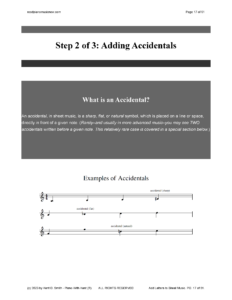 “如何将音符名称（字母）添加到乐谱”PDF 书中的页面。 音乐意外的插图。
