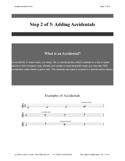 “如何将音符名称（字母）添加到乐谱”PDF 书中的页面。 音乐意外的插图。