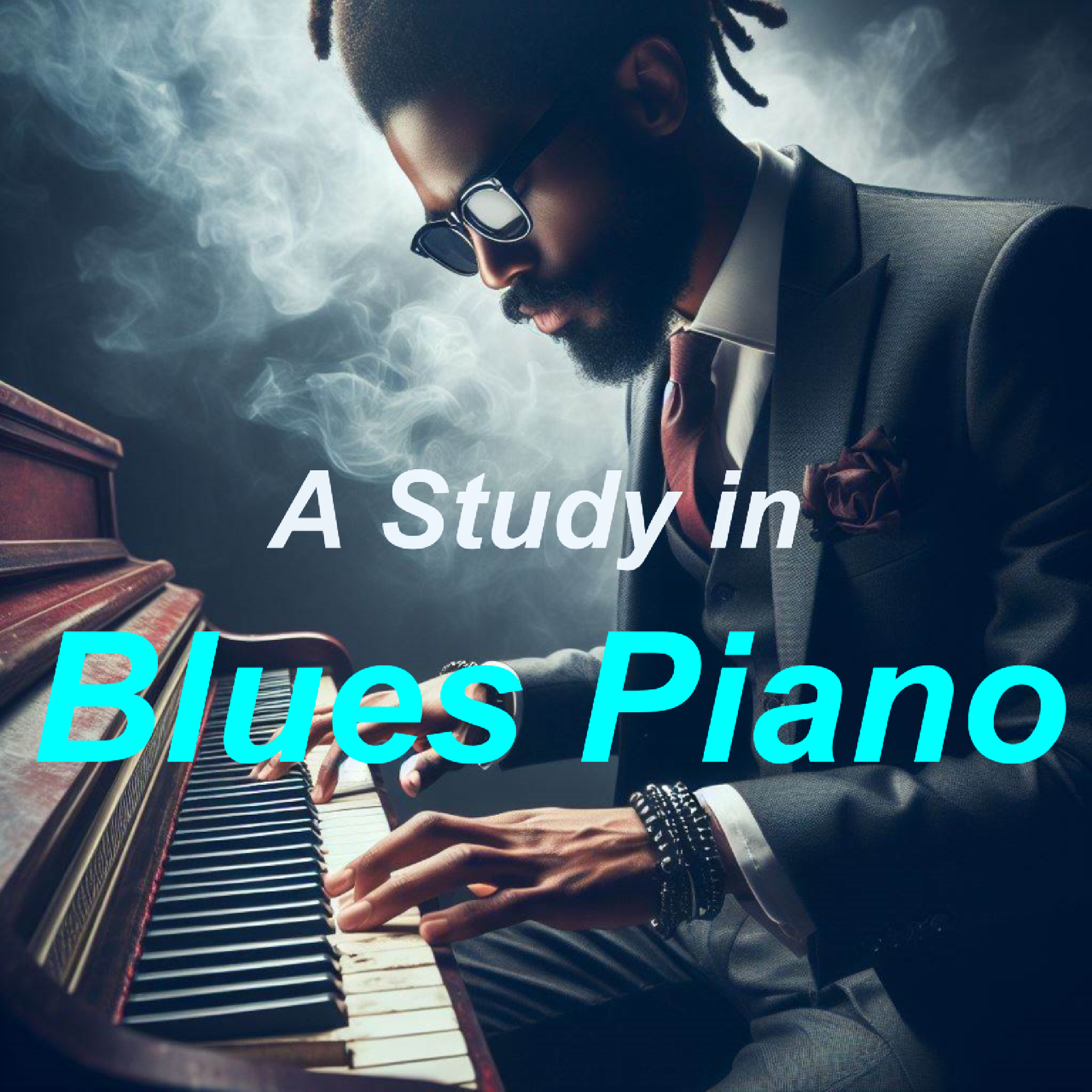Cover Image for "A Study in Blues Piano" from Piano With Kent. Man wearing sunglasses, playing blues piano, in a smokey room.